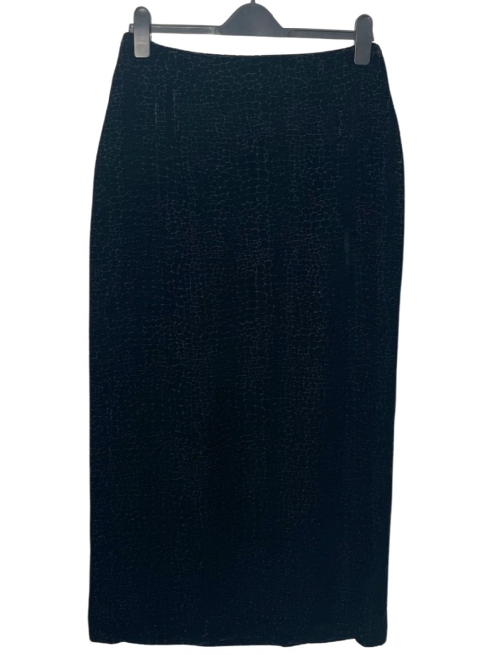 90s Vintage Black Textured Snake Croco Velvet Midi Skirt Goth Minimalist Velours